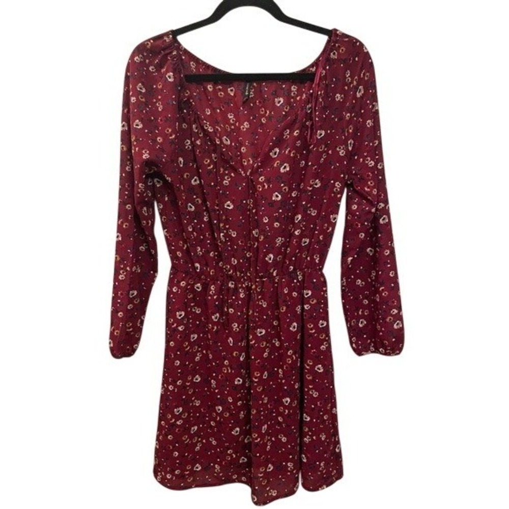 Stradivarius Burgundy Floral Long Sleeve Mini Dress V-Neck Tie Waist Womens M